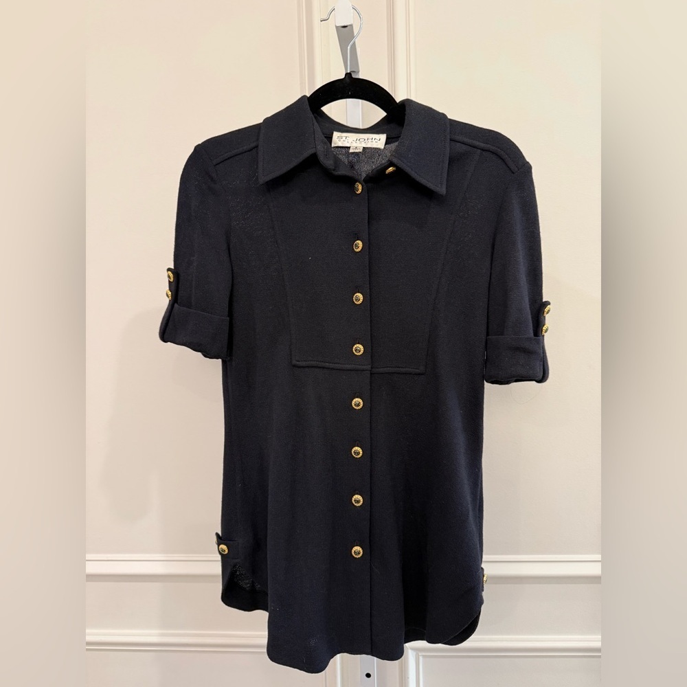 St. John Collection Navy Button-Down Short Sleeve Knit Top